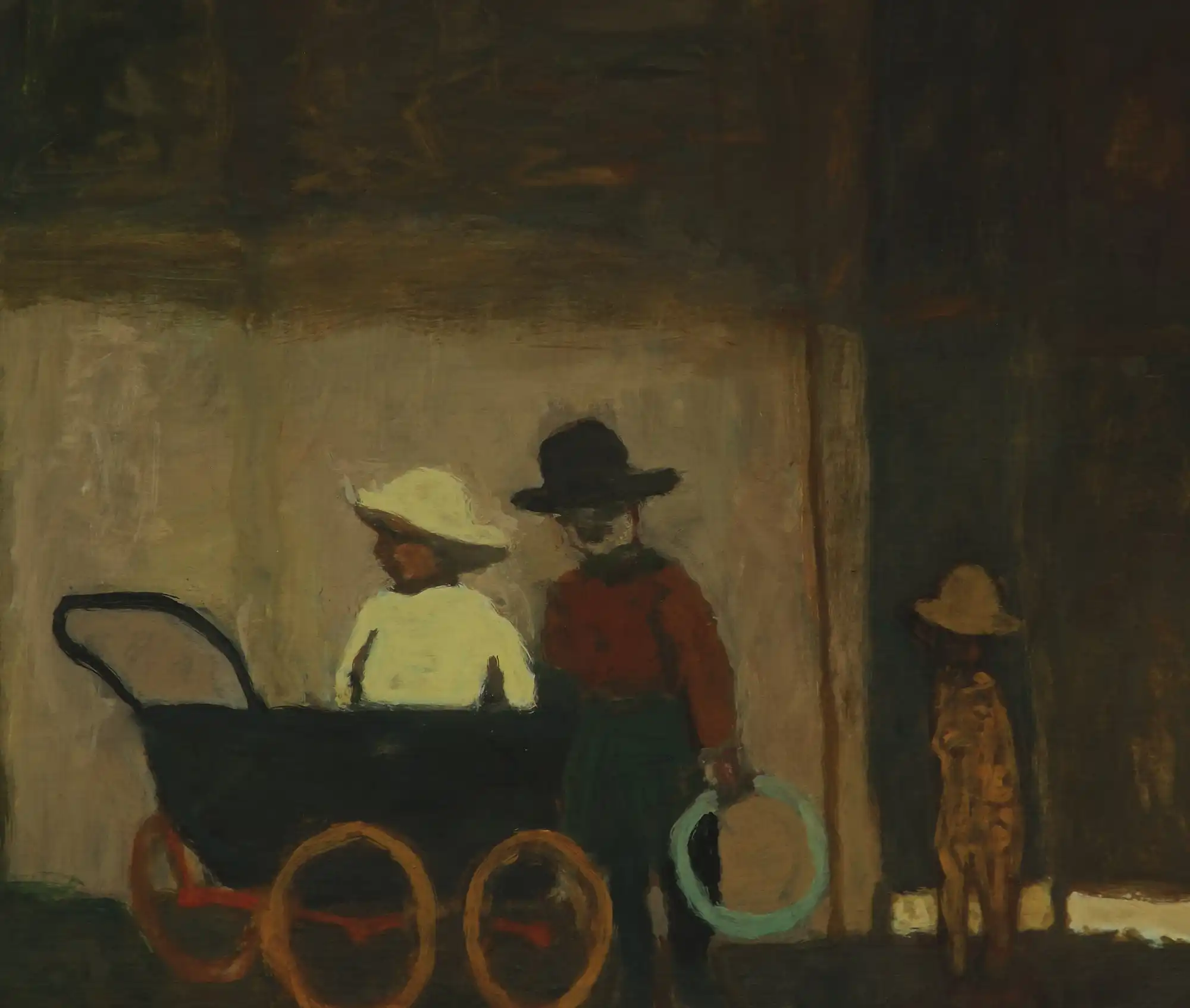 Painting of two children, one in a stroller and one holding a hoop, in front of a dark background.