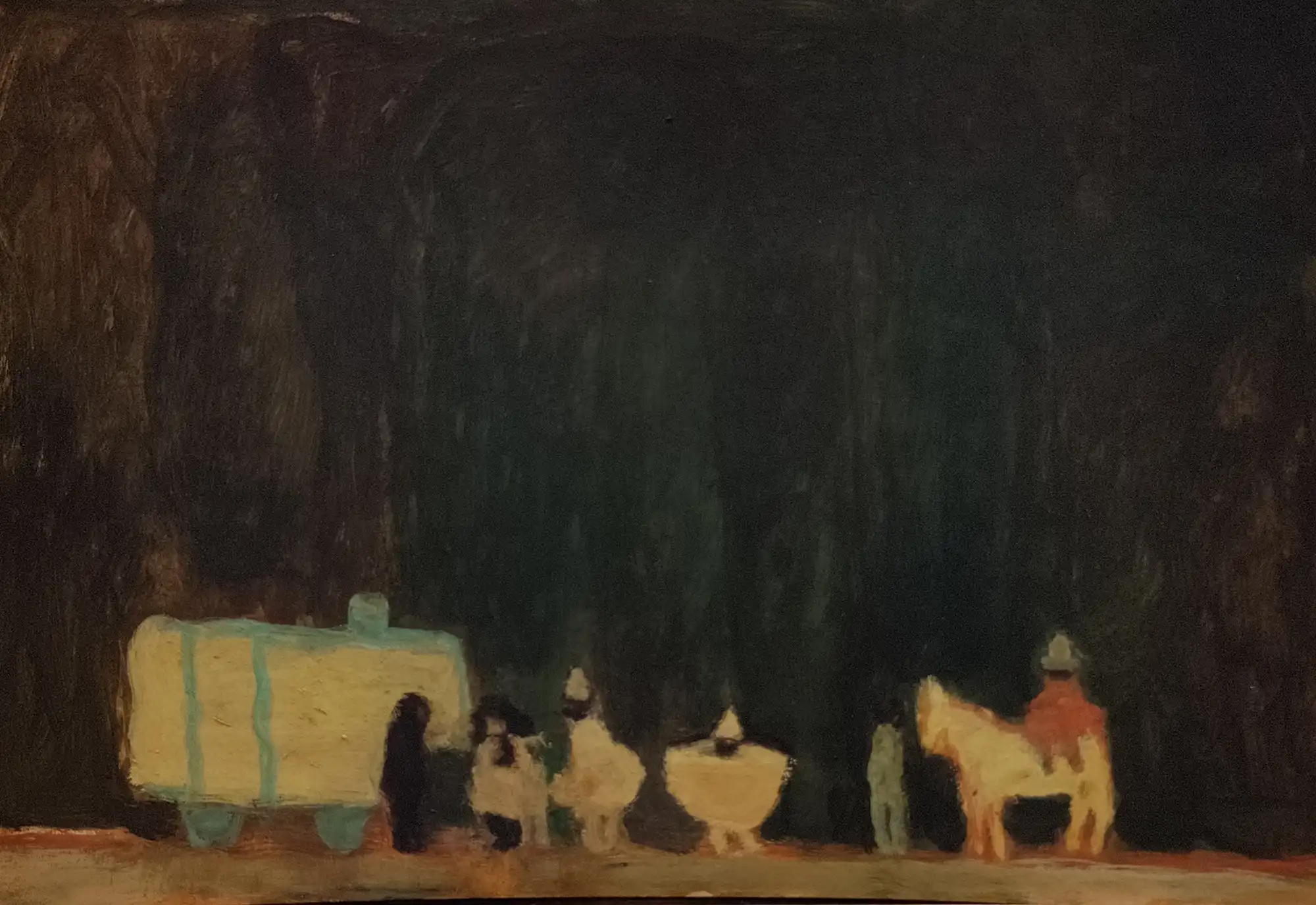 Dark abstract painting of figures, horse, and cart with a greenish and brown background.