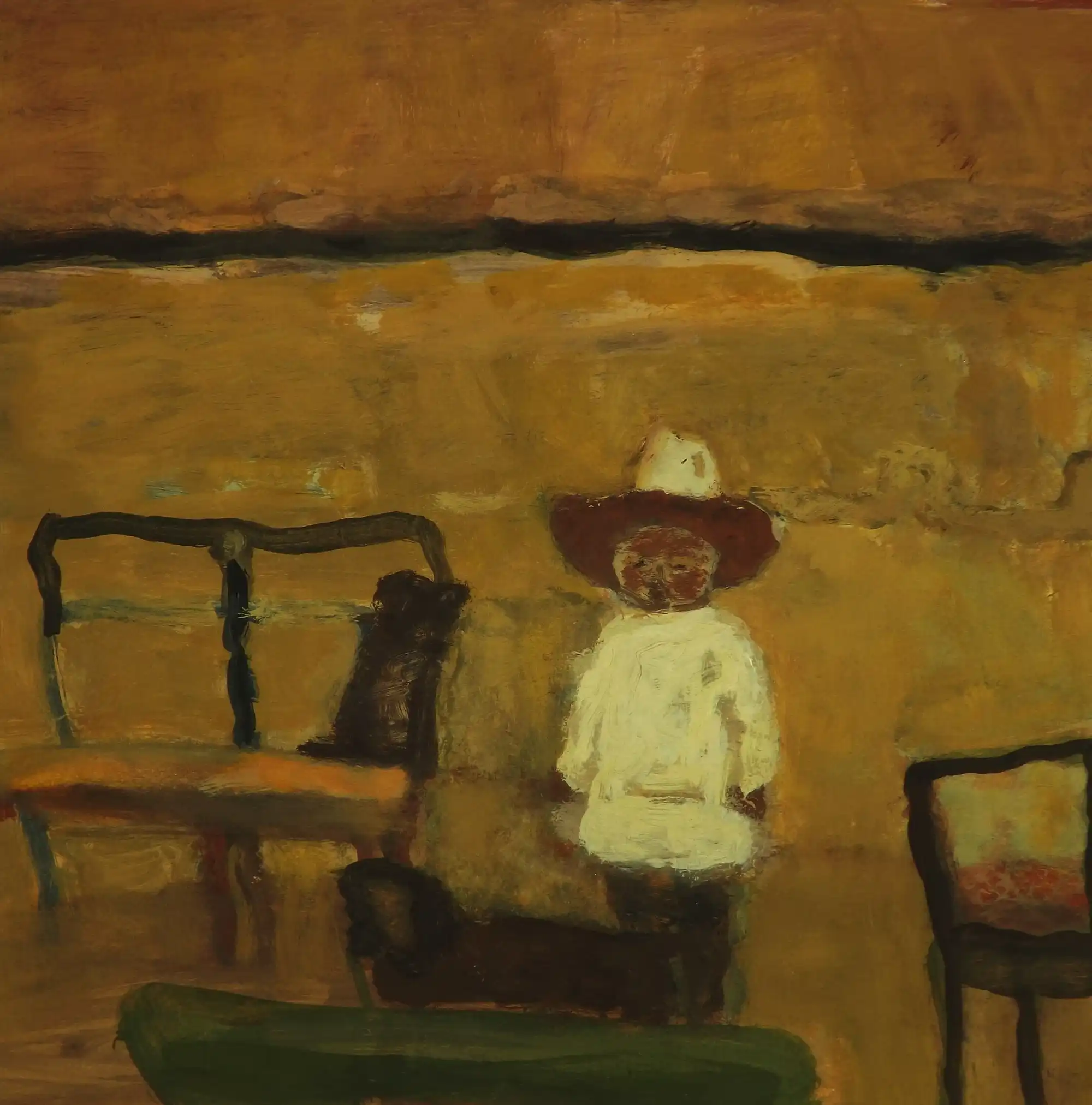 Abstract painting of a figure in a white outfit and hat standing among chairs in brown tones.