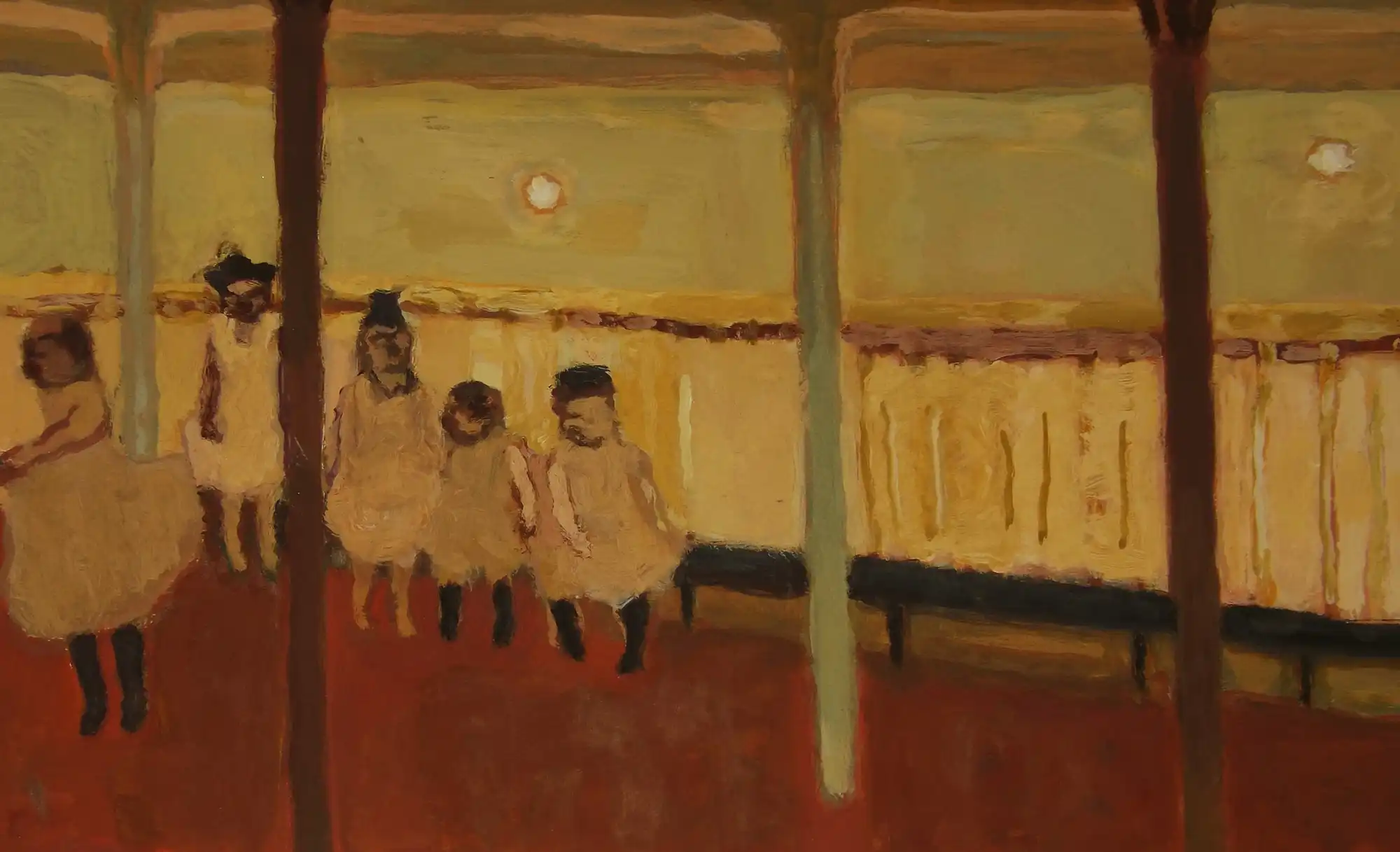 Gouache painting of six girls in pale dresses standing and sitting in a room with wooden posts.