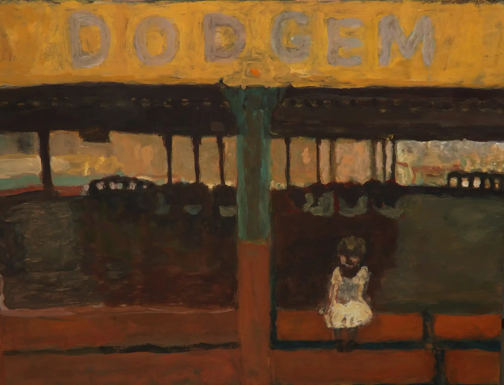 Painting of a child in a white dress sitting alone in a dimly lit bumper car arcade with 'DODGEM' sign.