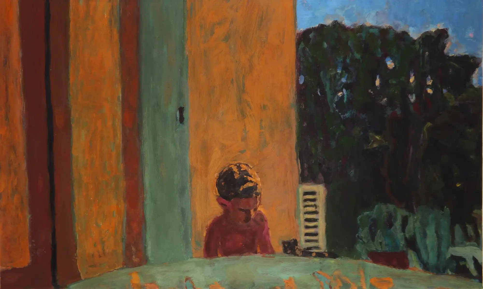 Painting of a child sitting quietly near a yellow wall with trees and blue sky in the background.