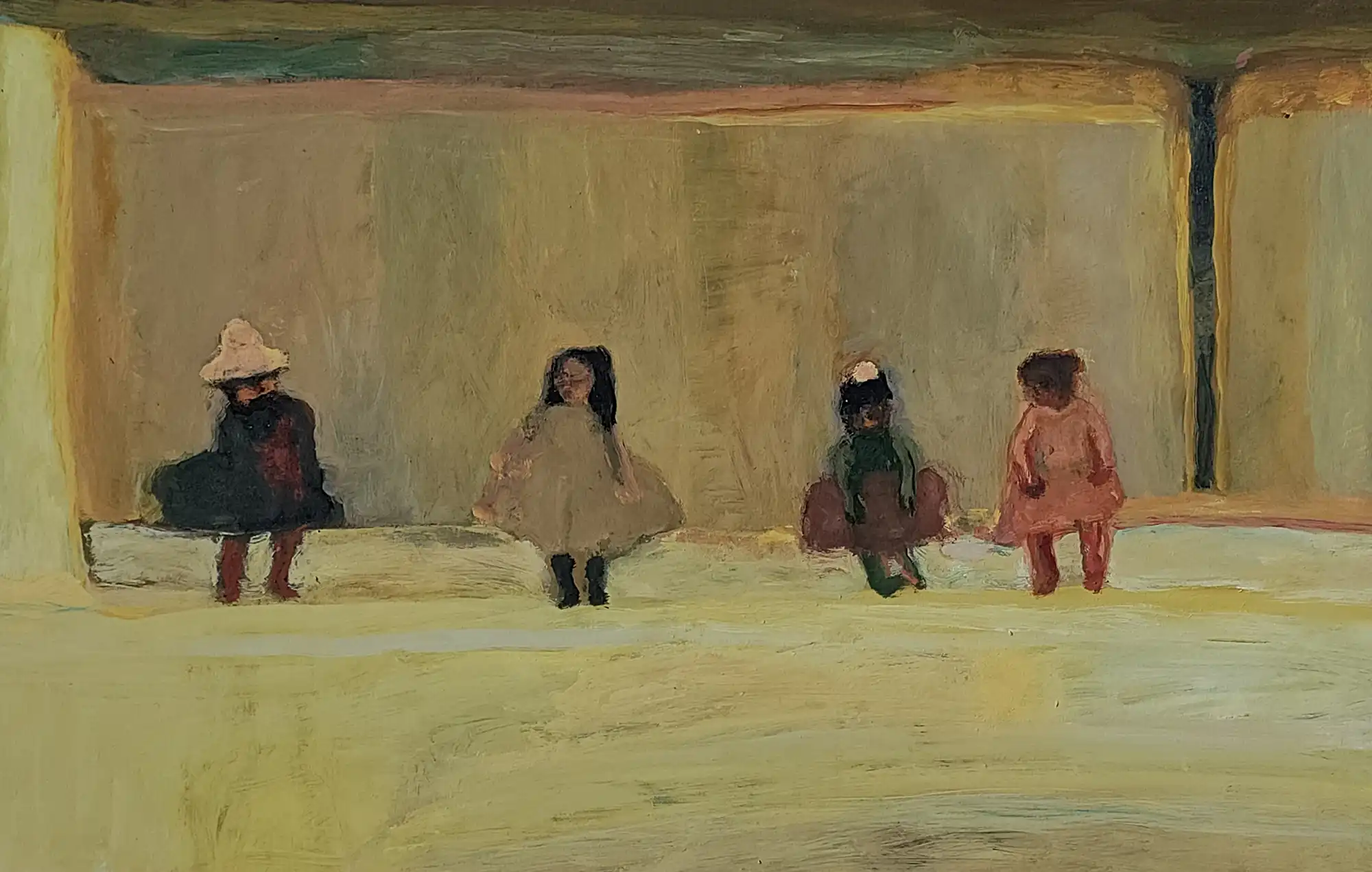 Painting of four children sitting side by side against a muted beige background.