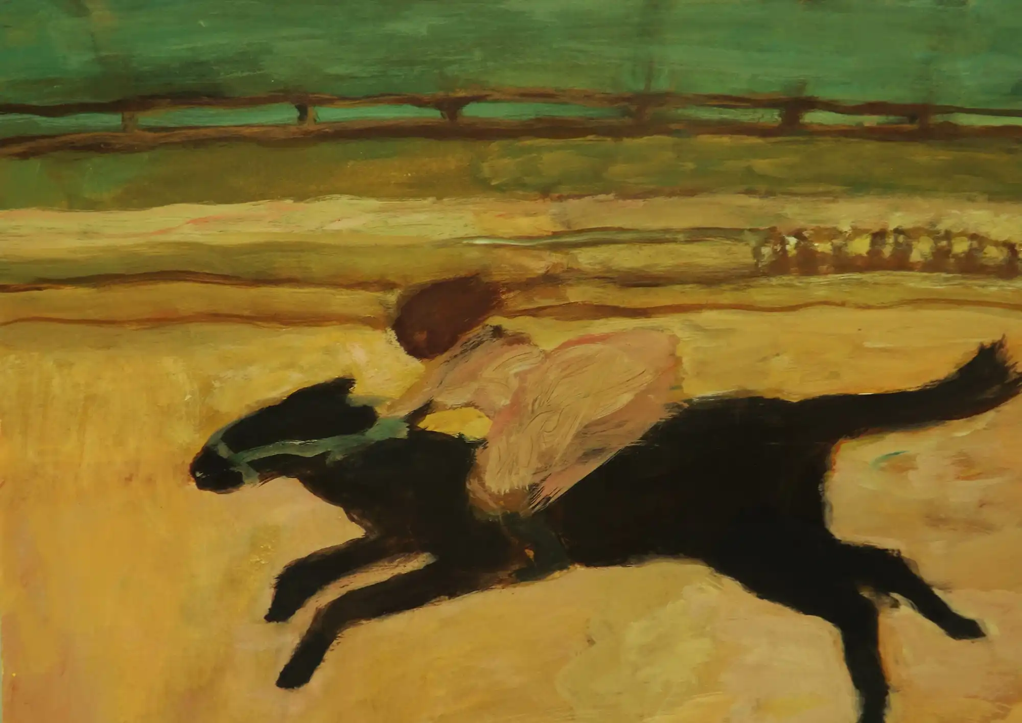 Painting of a person in a beige dress galloping on a black horse with a green background.