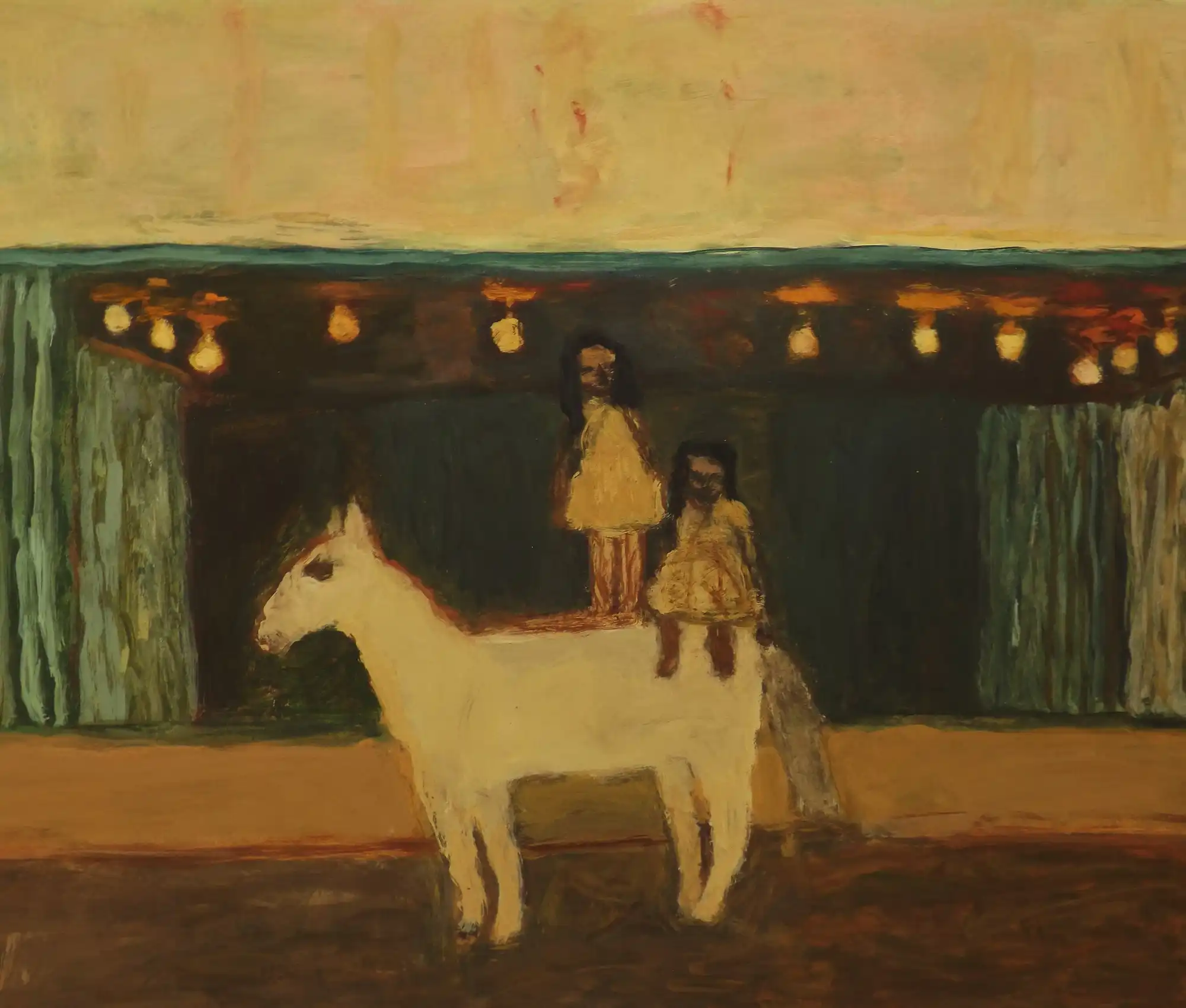Abstract painting of two girls in yellow dresses sitting on a white horse in a dimly lit room.