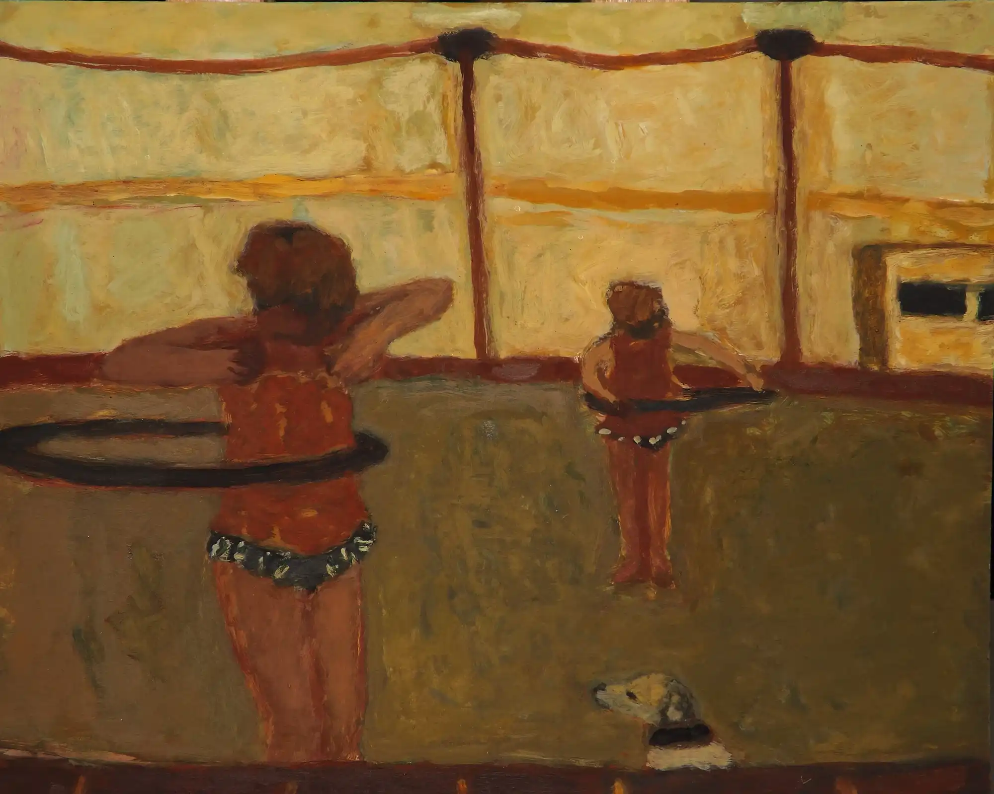 Painting of two children with hula hoops in a beige and brown room with a small dog watching.