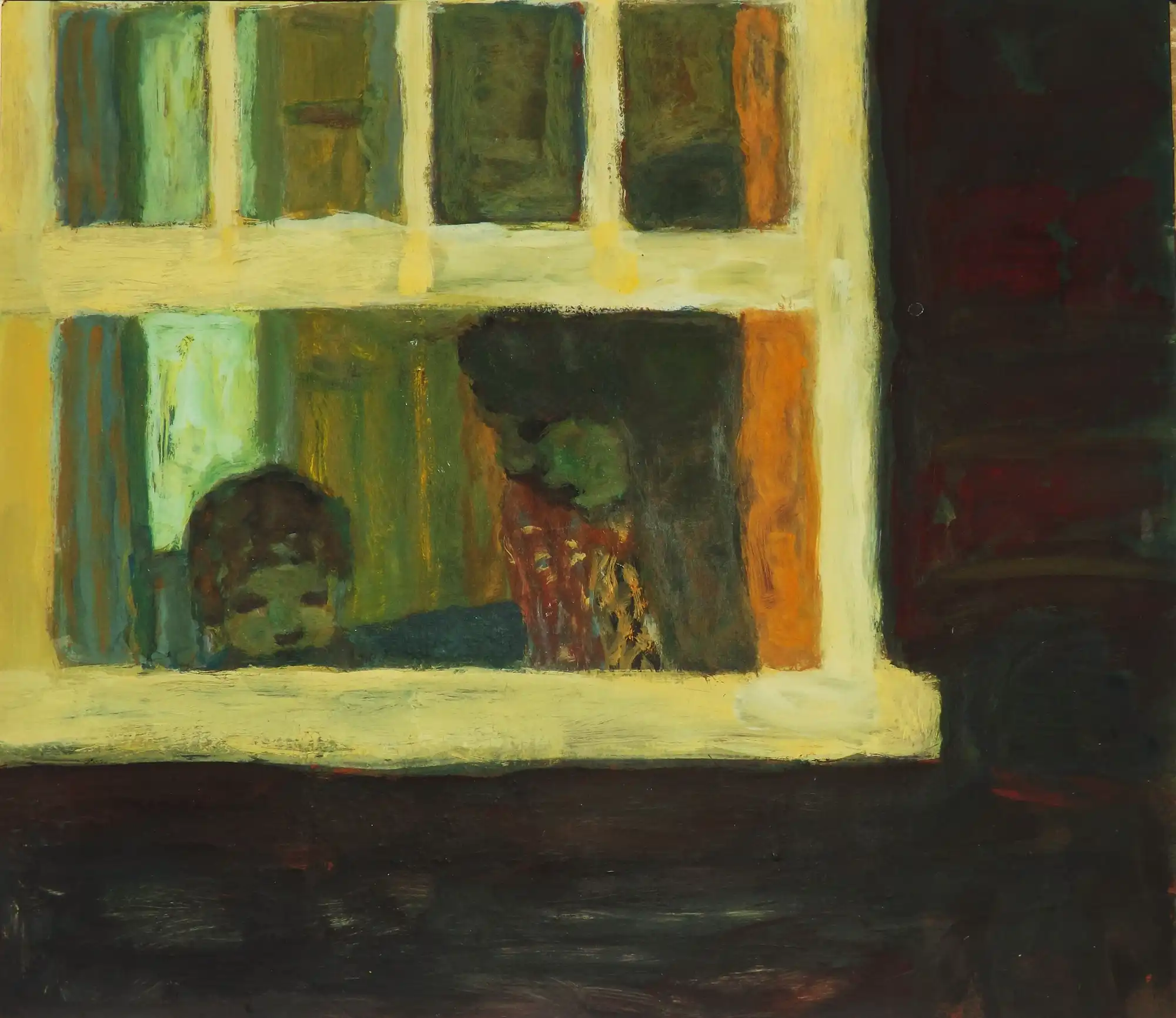 Gouache painting of two figures viewed through a lit window against a dark exterior background.