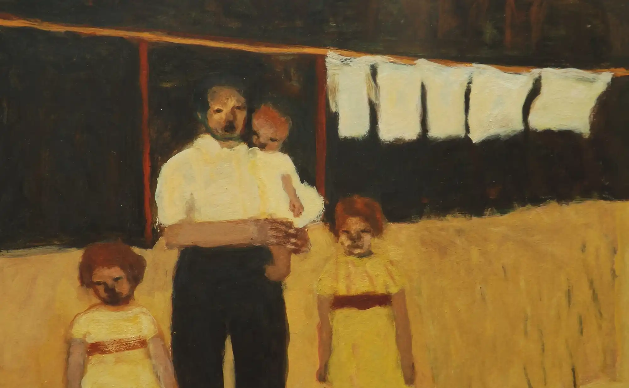 A man in dark pants with three children, two girls in yellow dresses and one baby in white, stands outside.