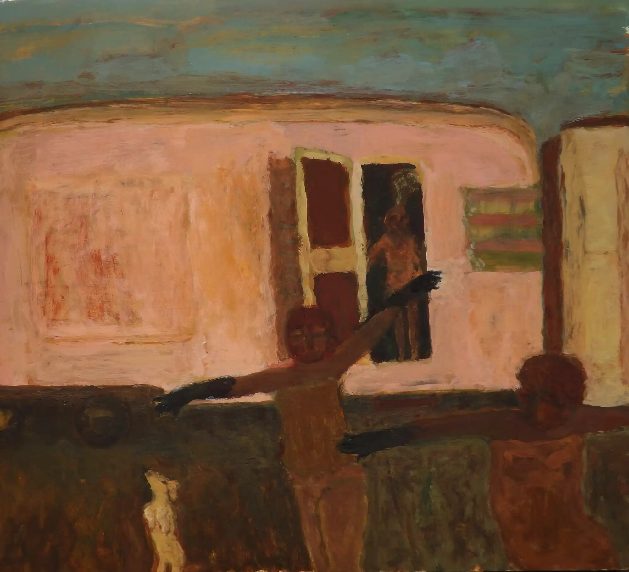 Abstract painting of two figures with outstretched arms, a cat, and a third figure in a doorway.