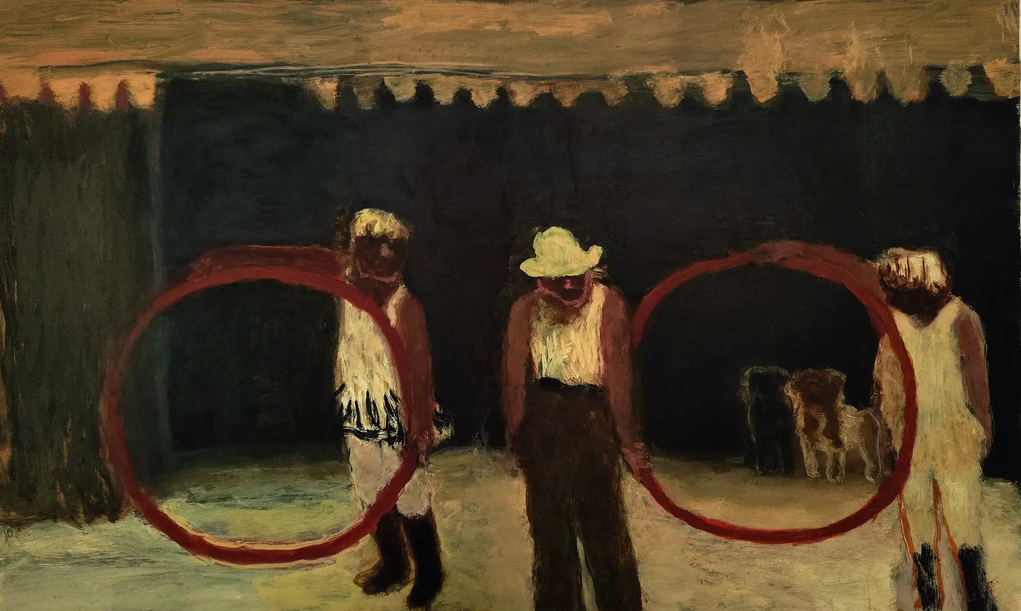 Three figures holding red hoops with two dogs standing in the dark background.