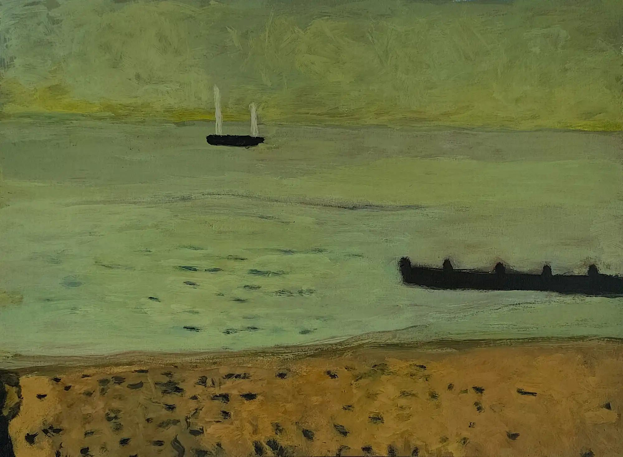 Painting of a calm sea with a sandy shore, a black boat, and a distant steamboat with two smokestacks.