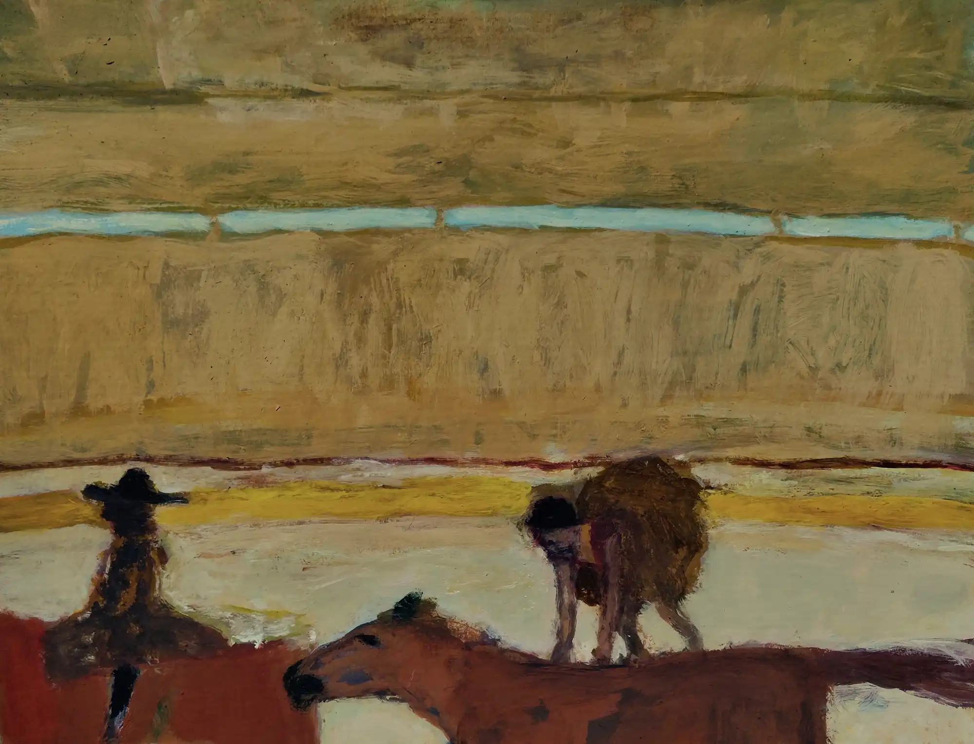 Impressionist painting of a person bending over a brown horse with another figure nearby in soft muted tones.