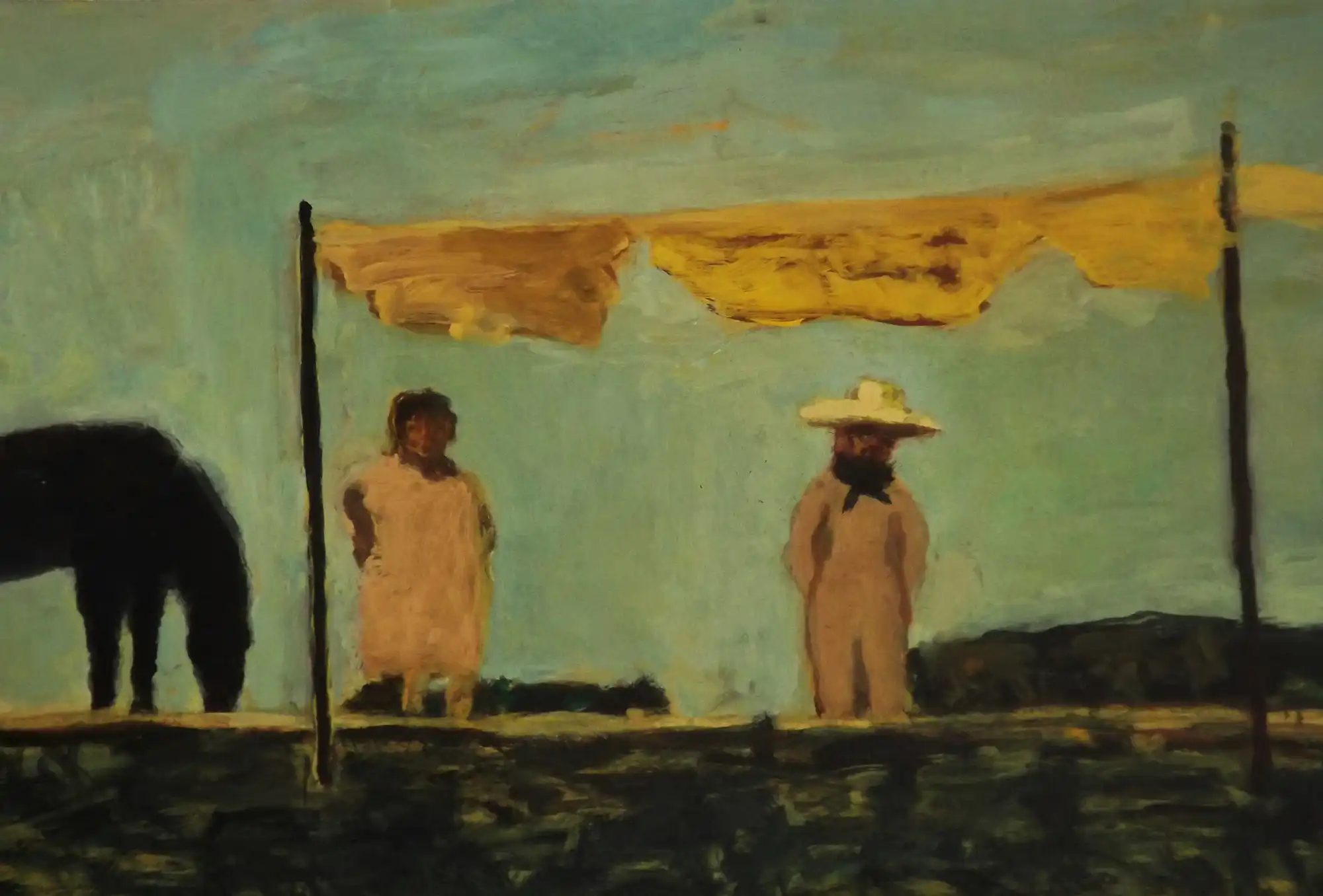 Painting of two abstract figures under a torn yellow cloth with a black horse grazing on the left.