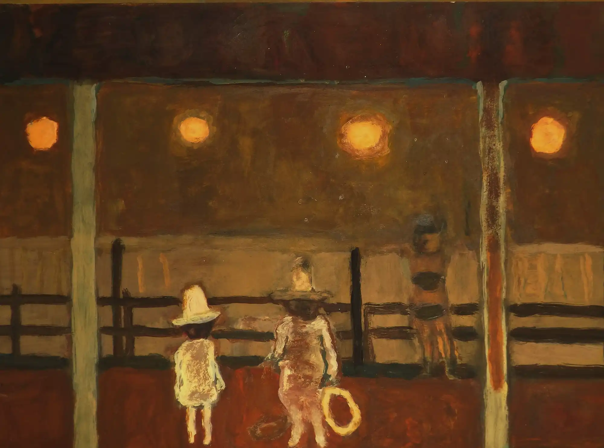 Gouache painting of two seated figures with hats under glowing lights by a wooden fence.