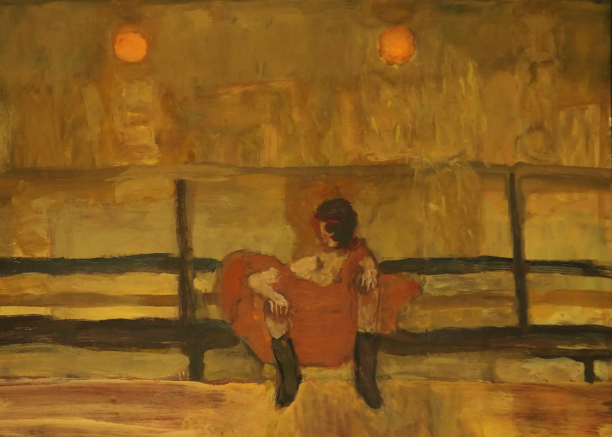Painting of a person in a red dress sitting on a bench with two orange lights in the background.