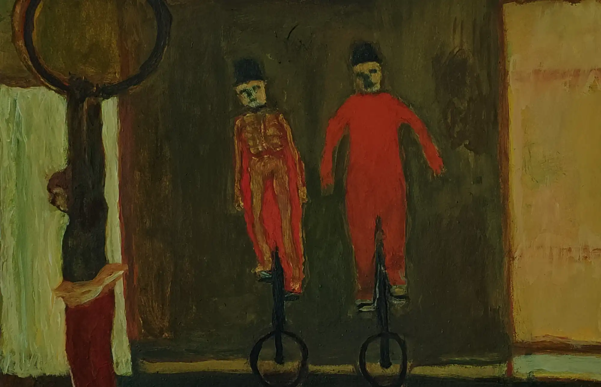 Painting of two figures in red suits balancing on unicycles against a dark background.