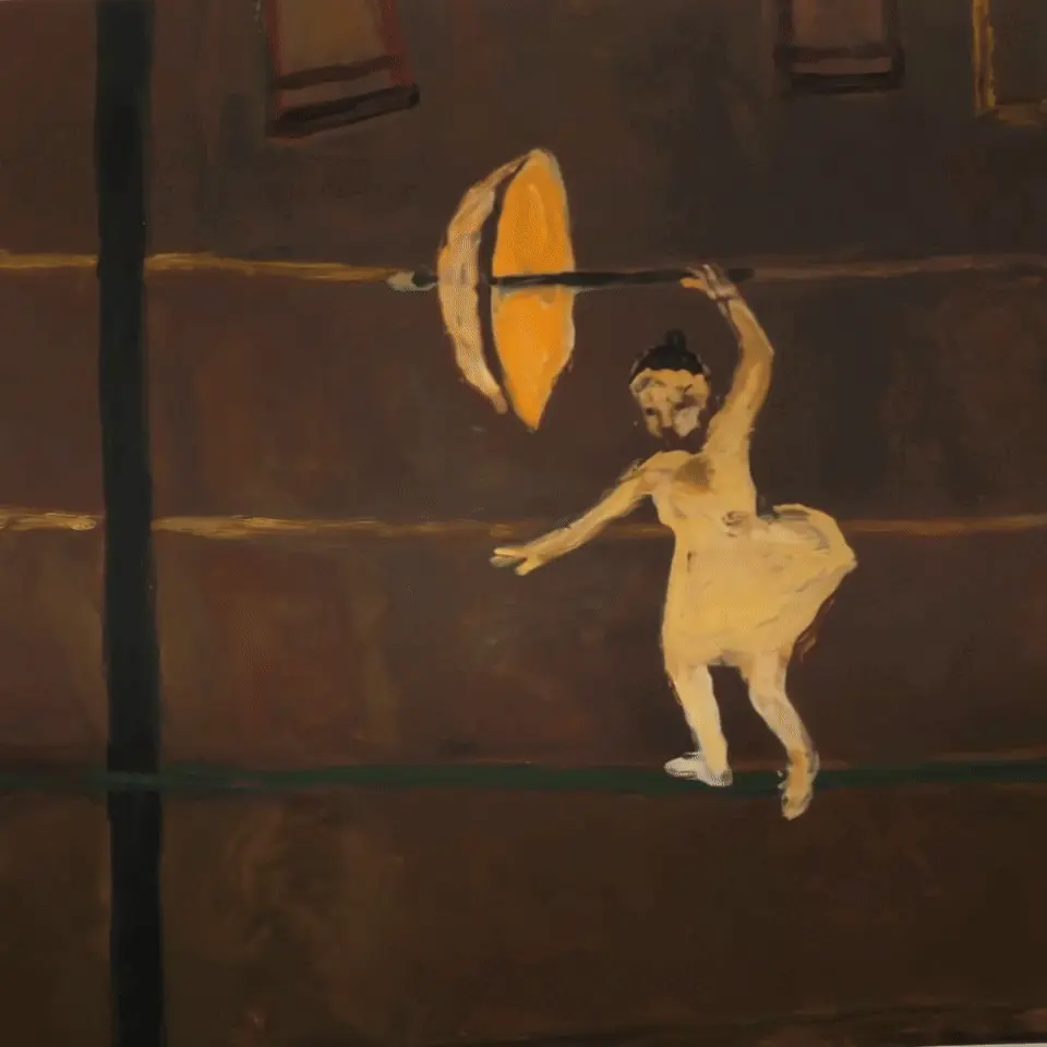 Painting of a ballerina in a tutu balancing on a tightrope while holding a large yellow umbrella.