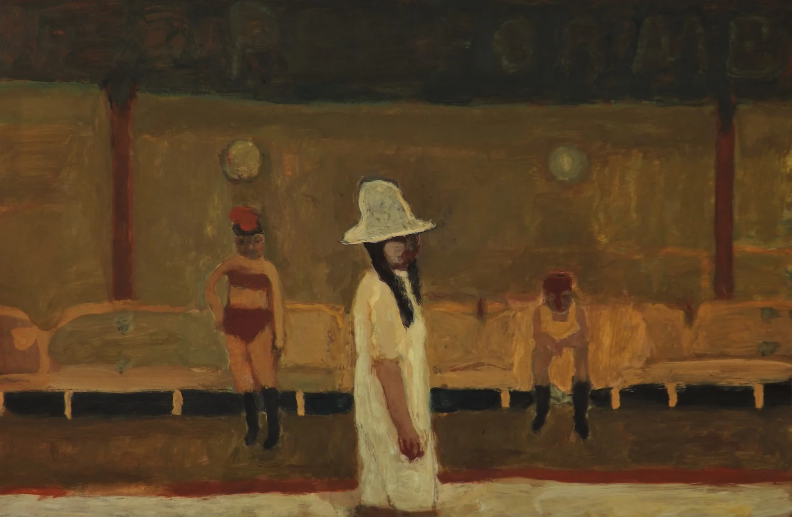 A painting of a woman in a white hat.