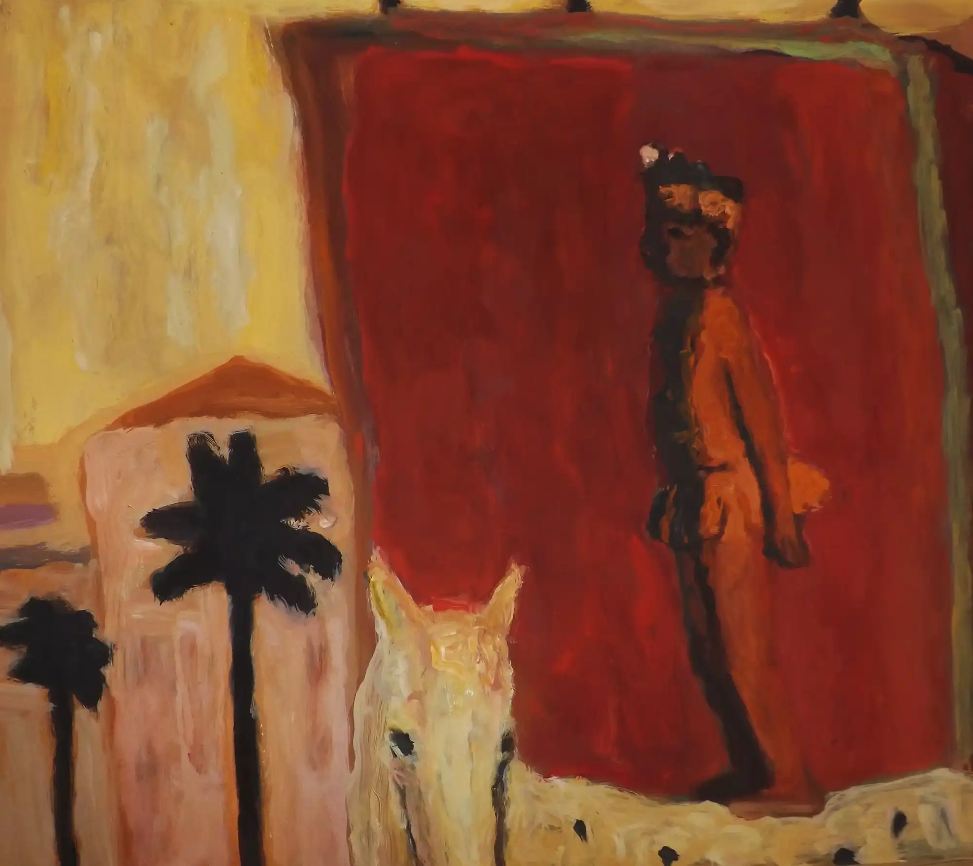 Abstract painting of a dark-skinned figure and a white animal with palm trees and buildings.