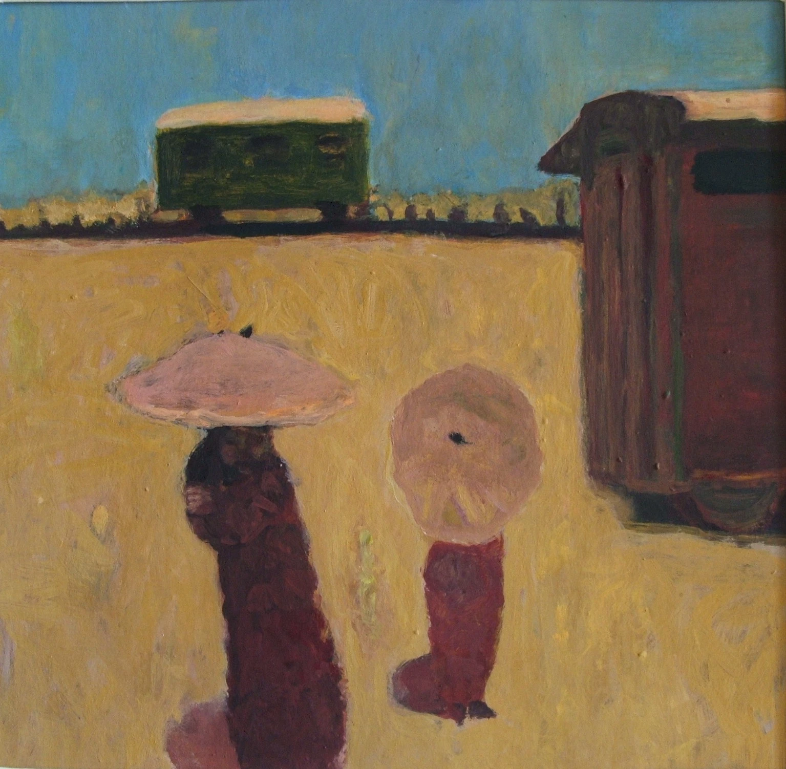 Two figures with wide hats stand on a yellow ground near buildings under a blue sky.