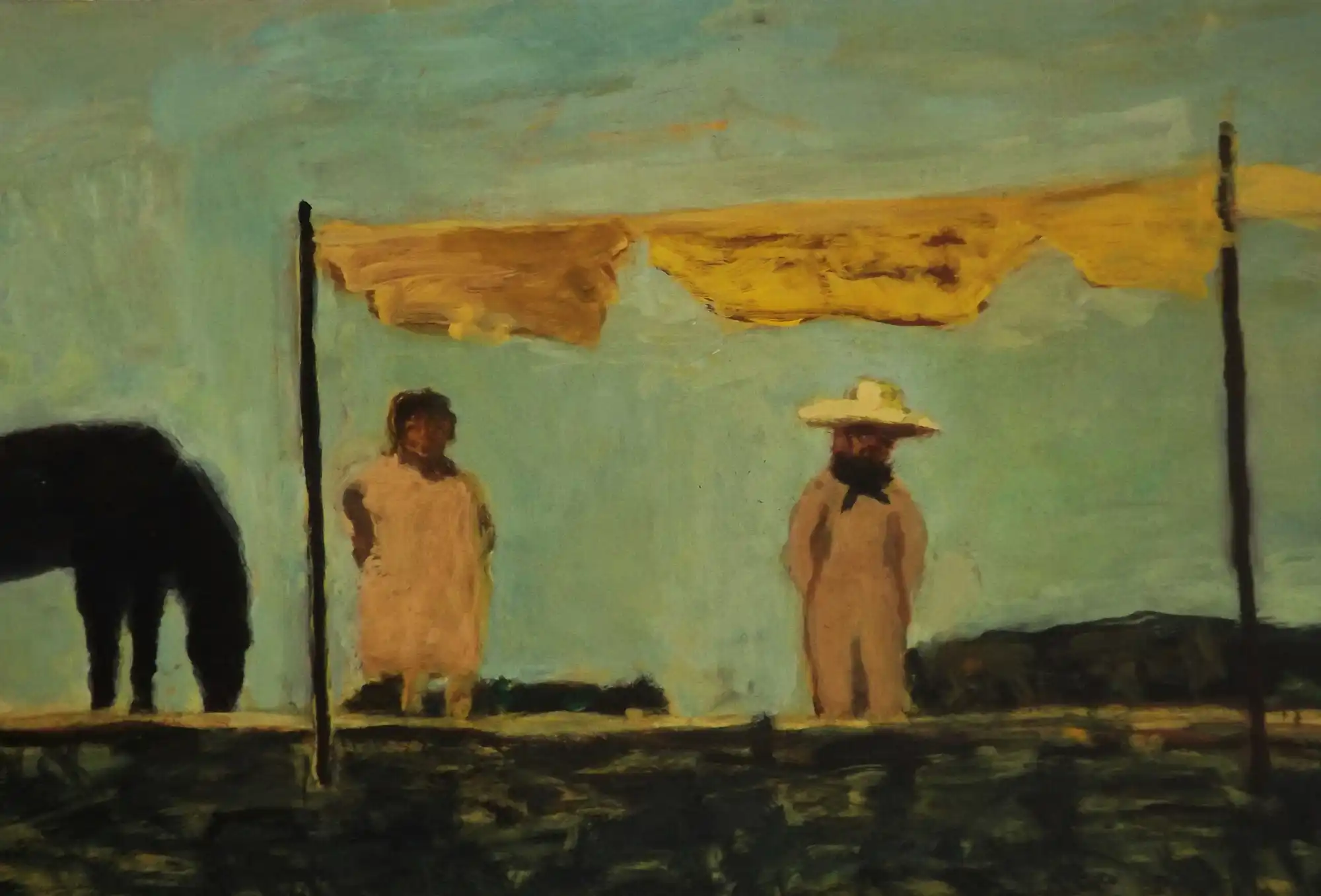 Painting of two figures standing under torn yellow cloth with a black horse on the left.