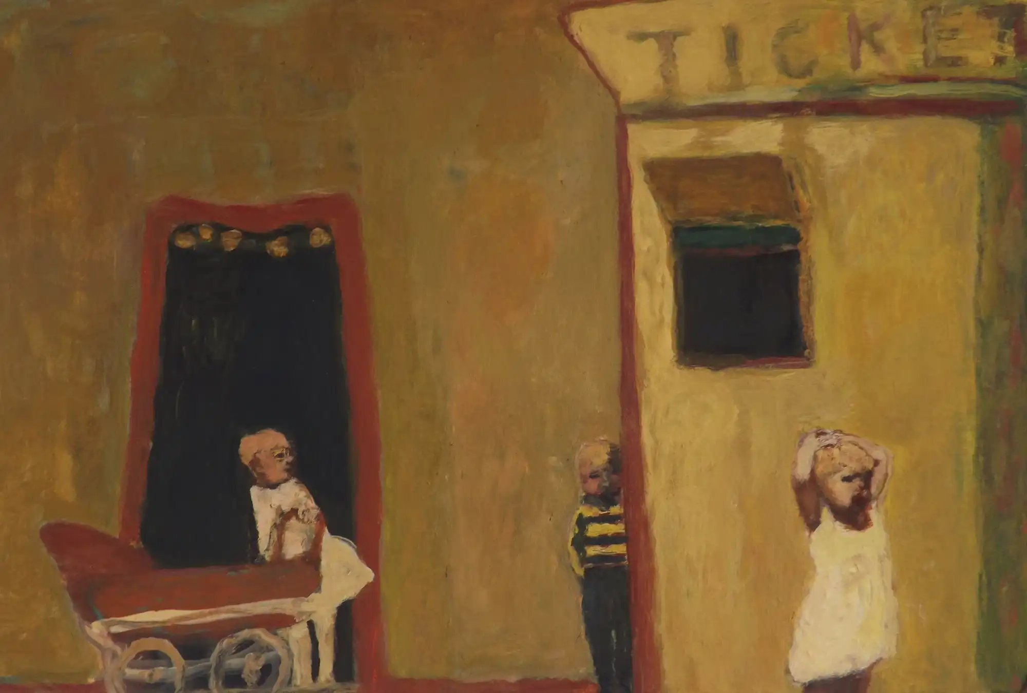 Children near a ticket booth in an abstract, earth-toned painting with one child by a stroller.