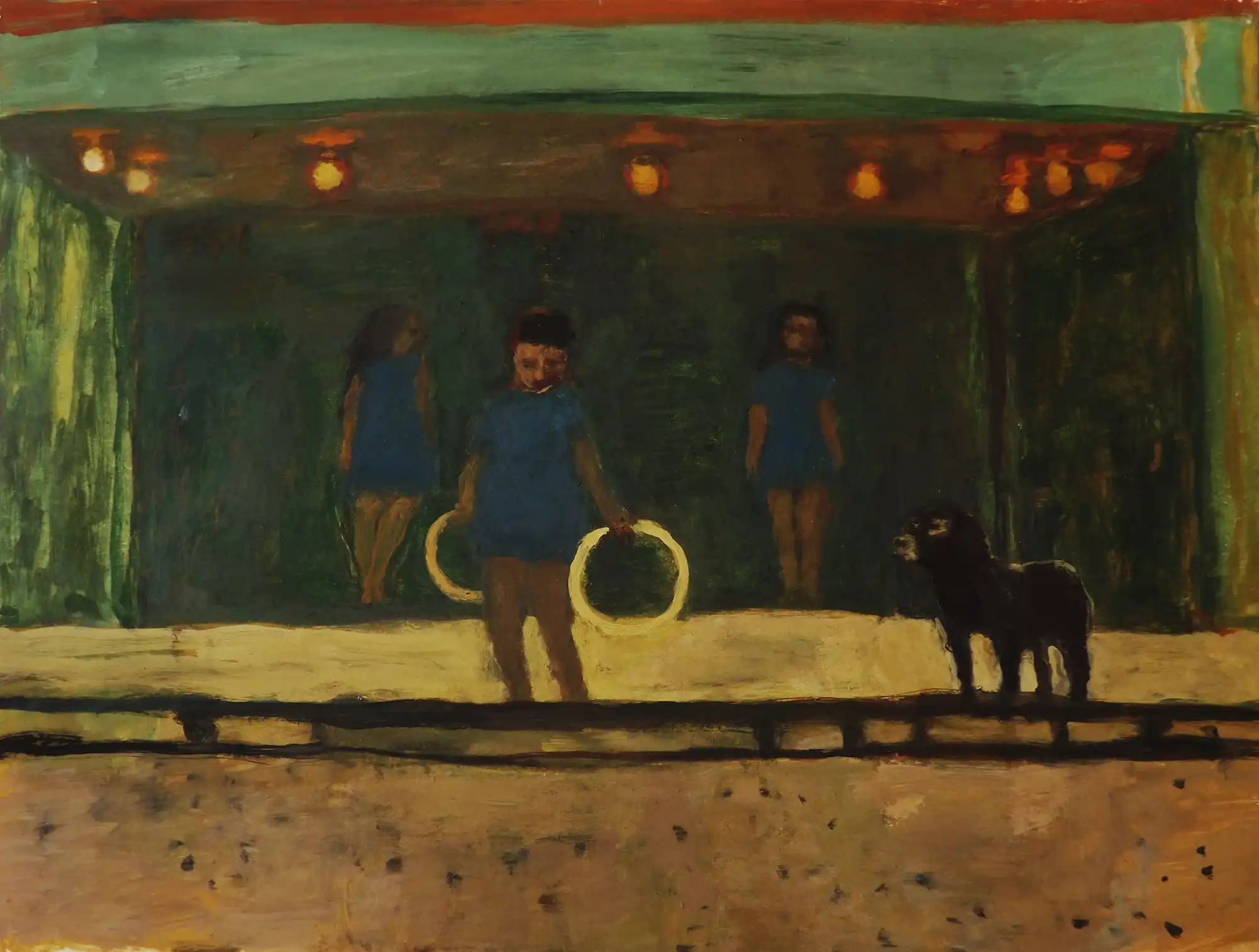 Painting of three girls in blue dresses on a stage with lights and a black dog on the right.