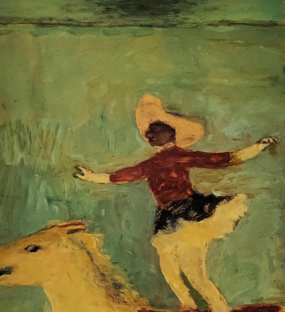 A painting of a man riding on the back of a horse.